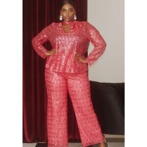 NWT Eloquii Pink Sparkly Sequin Blouse & Wide Leg Trouser Set Sz 28 26 Pantsuit
